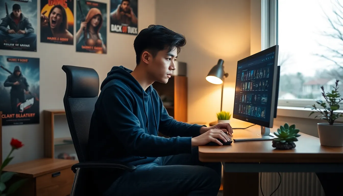 a young man creating characters using CK2Generator on his computer at home.