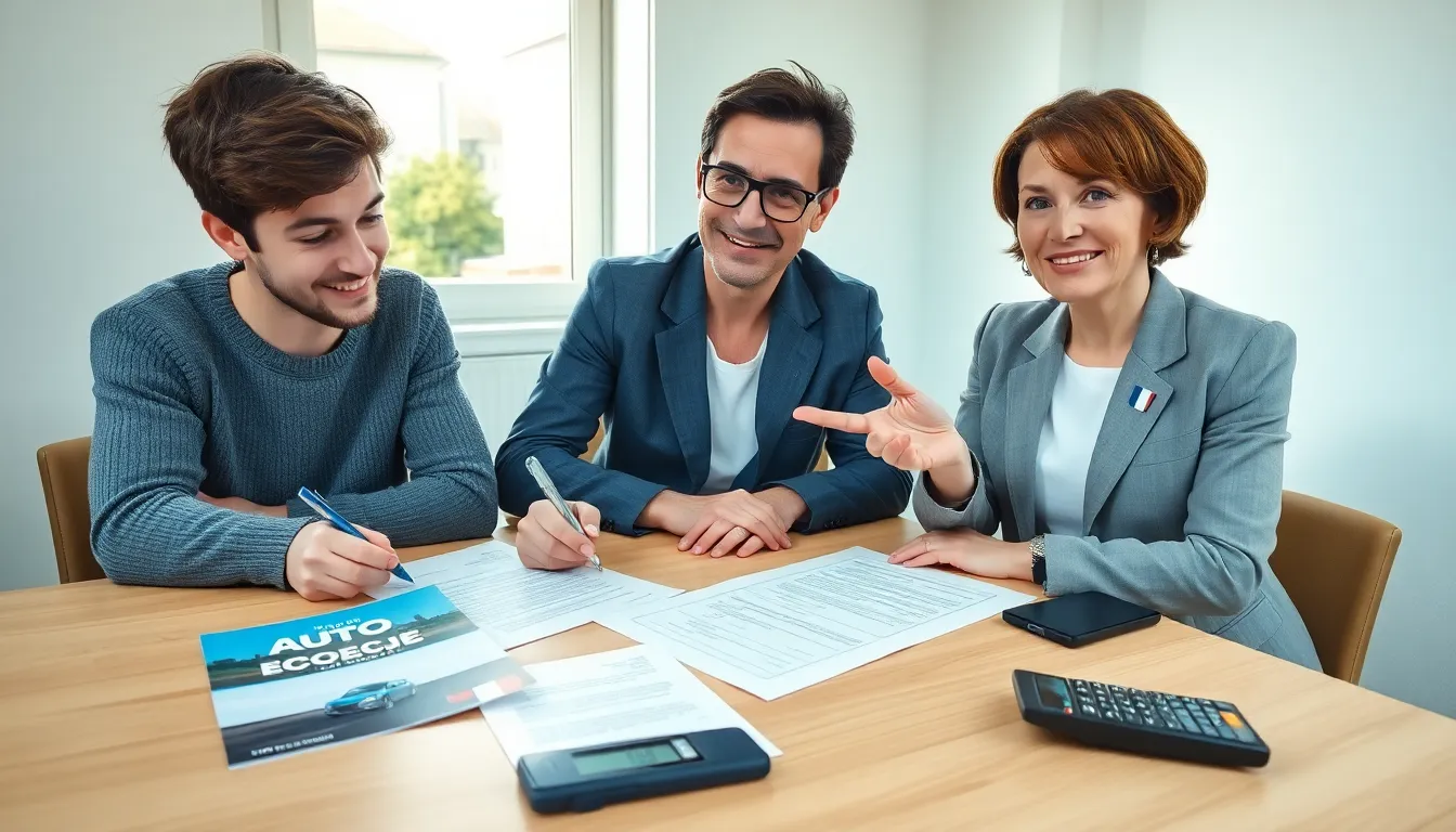 Young French person signing driving license loan documents with bank advisor at desk.