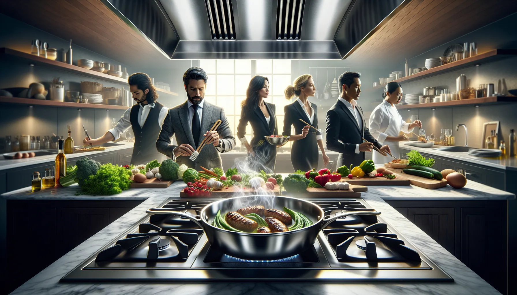 professionals preparing food in a modern kitchen.