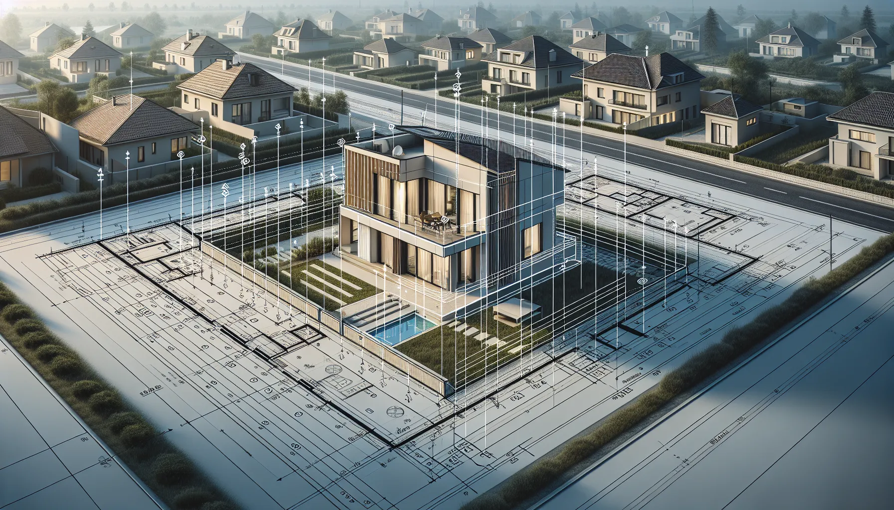 Modern house with marked property boundaries and distance measurements to neighboring parcels.