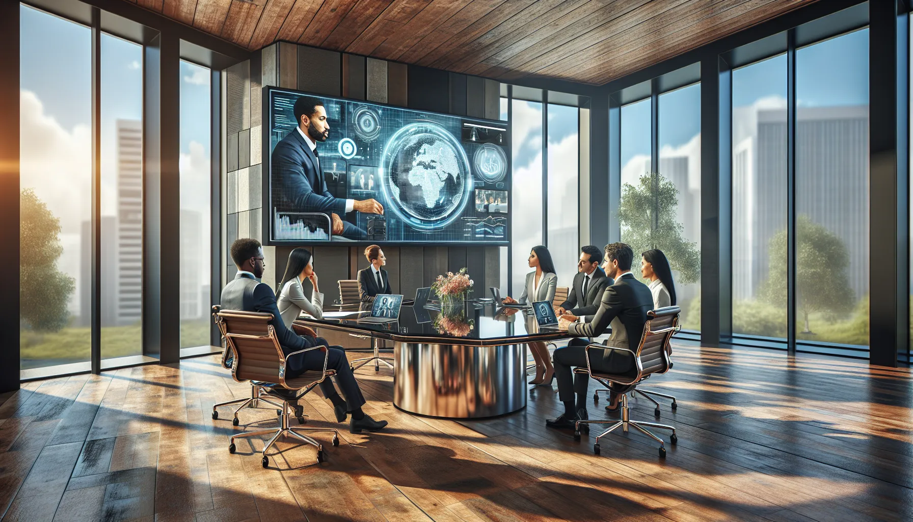 diverse team in a modern workspace engaging in a virtual workshop.