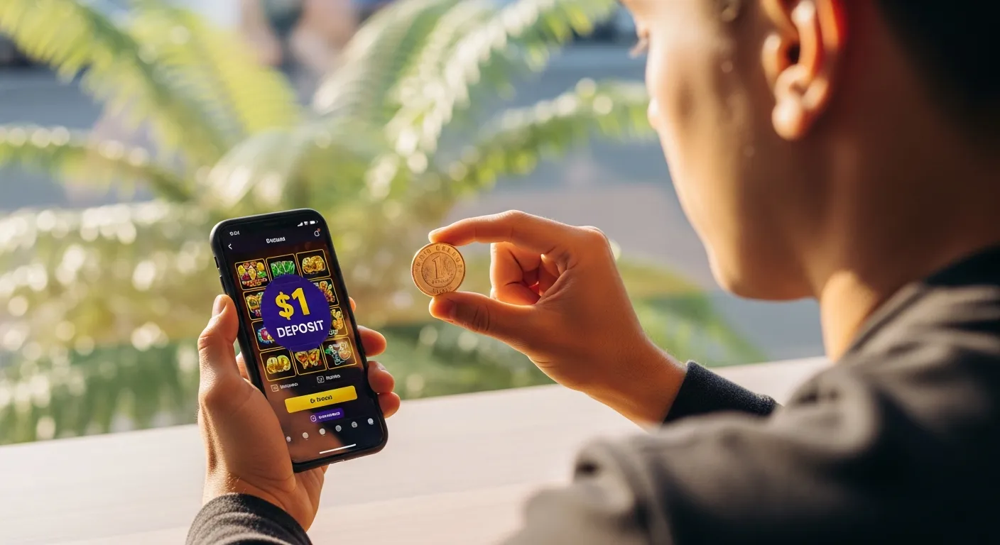 A man in New Zealand holding a one-dollar coin while viewing a casino free spins offer on his phone.