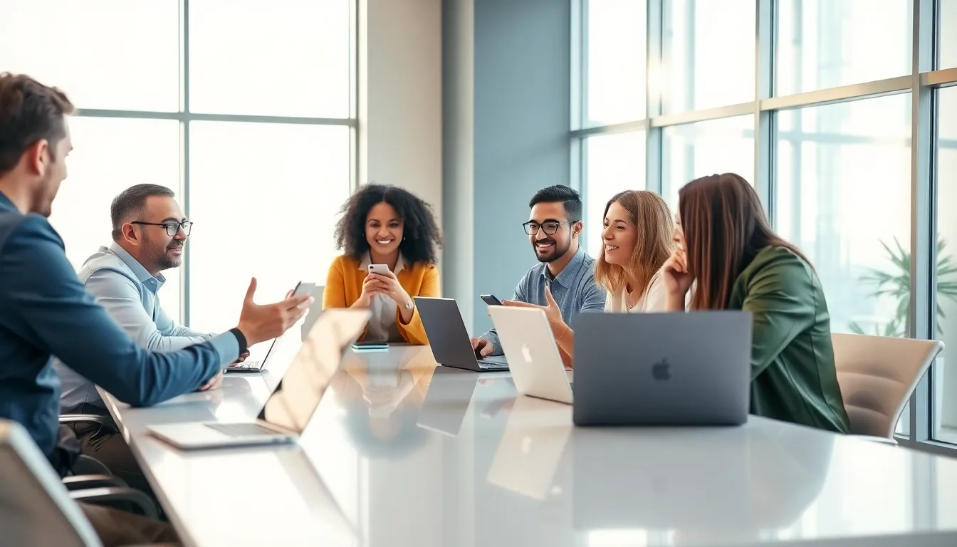 diverse professionals discussing human behavior and technology in a modern office.