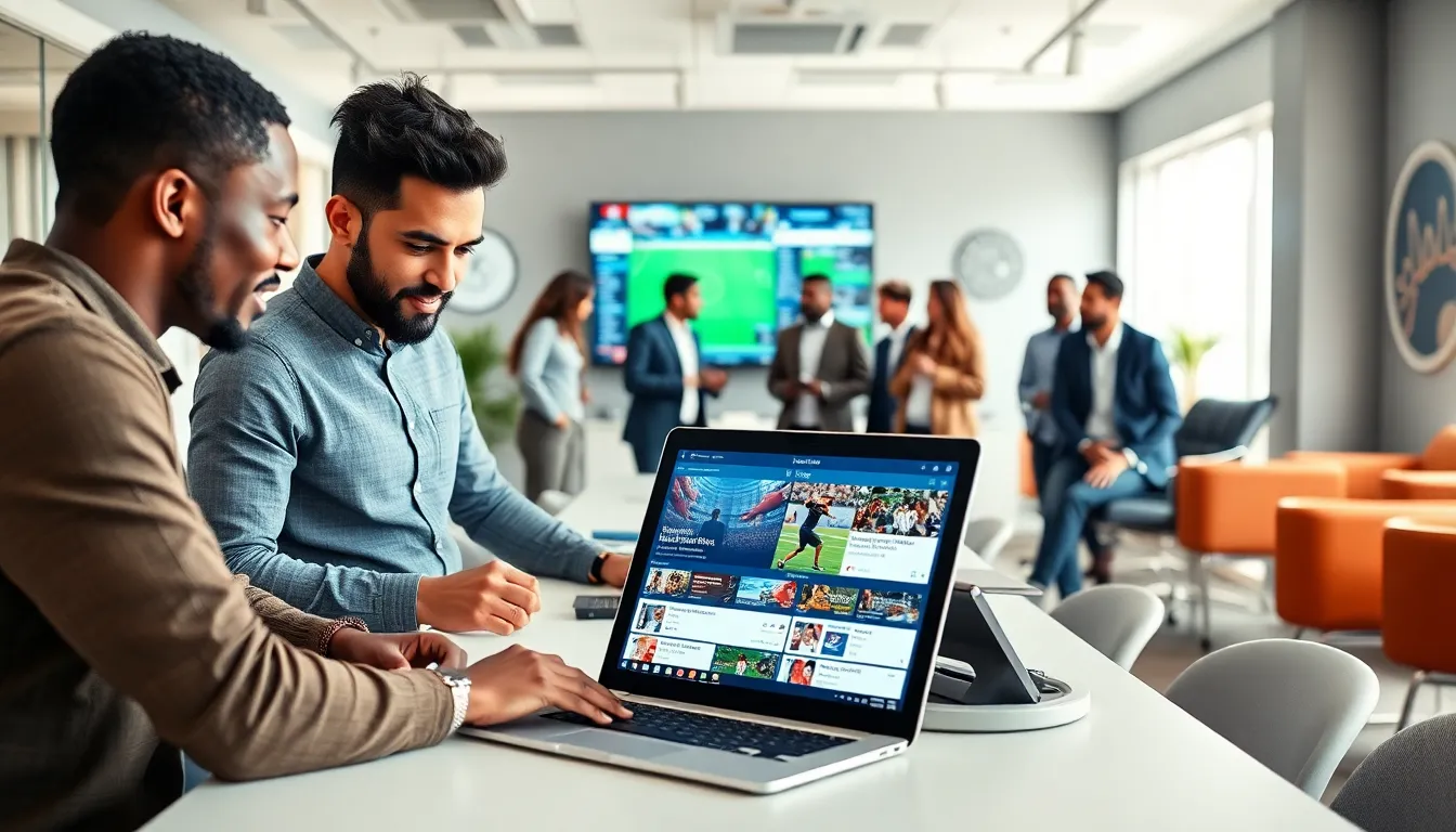 diverse team collaborating on a sports news website in a modern office.