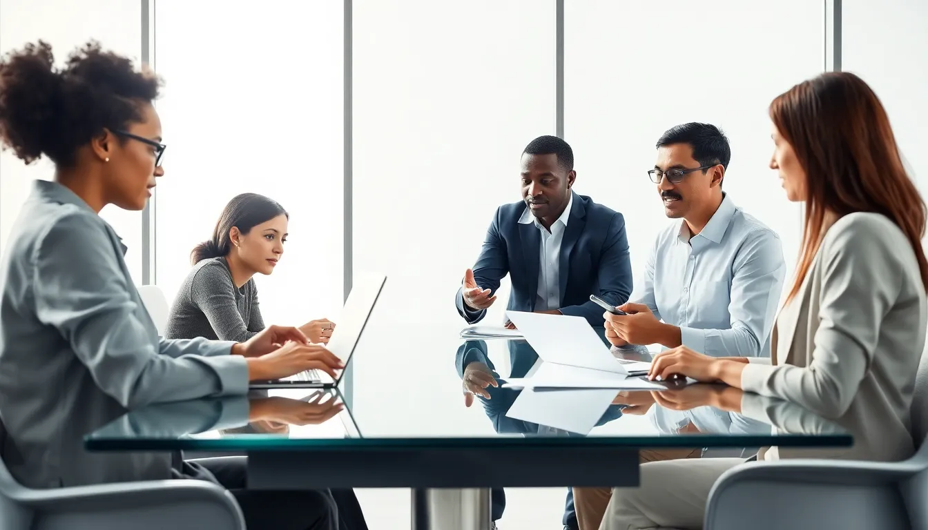 diverse professionals collaborating in a modern office setting.