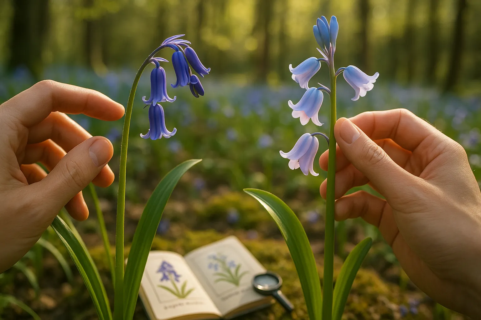 Close-up of English and Spanish bluebell stalks side by side in woodland.