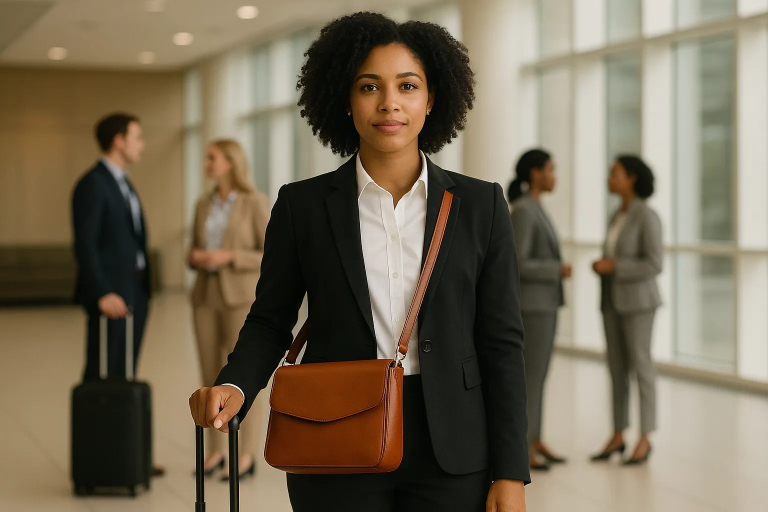Professional woman with a leather crossbody handbag in a modern office lobby.