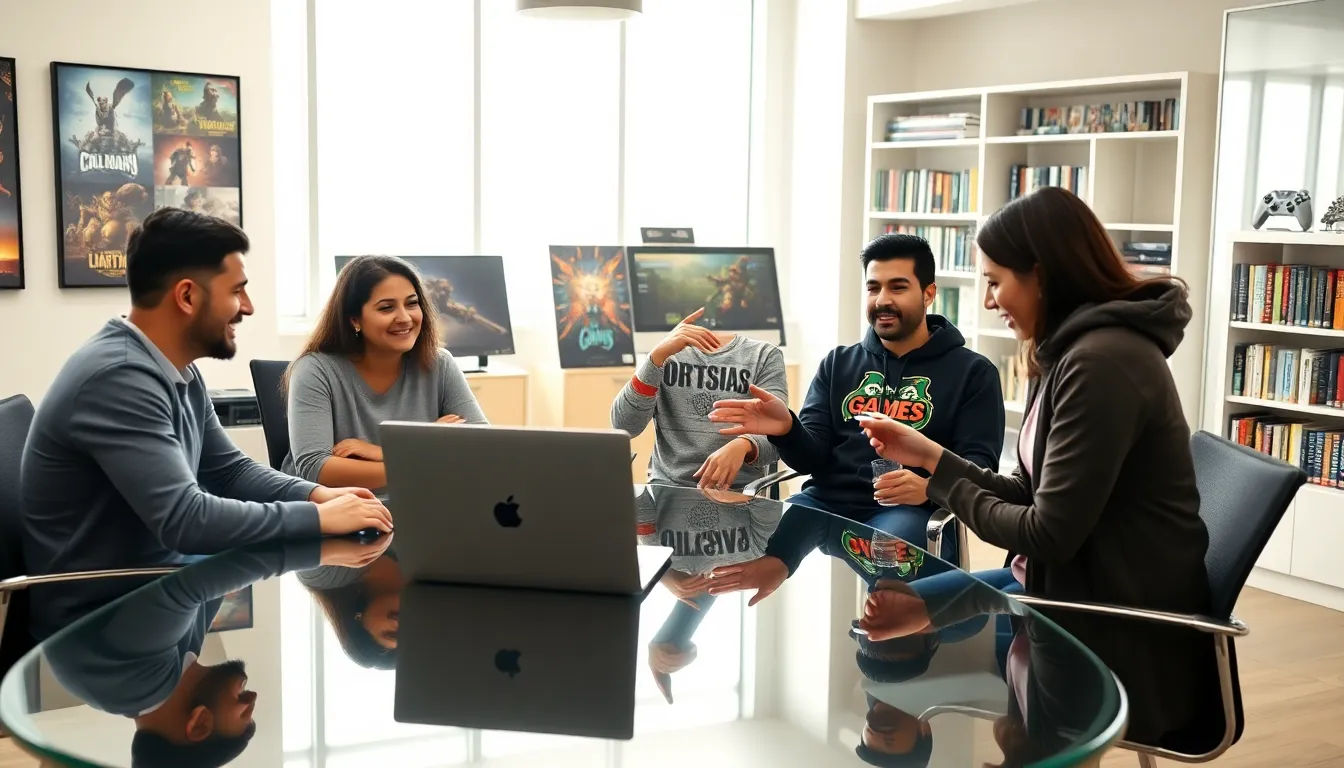 diverse group discussing video games in a modern office.