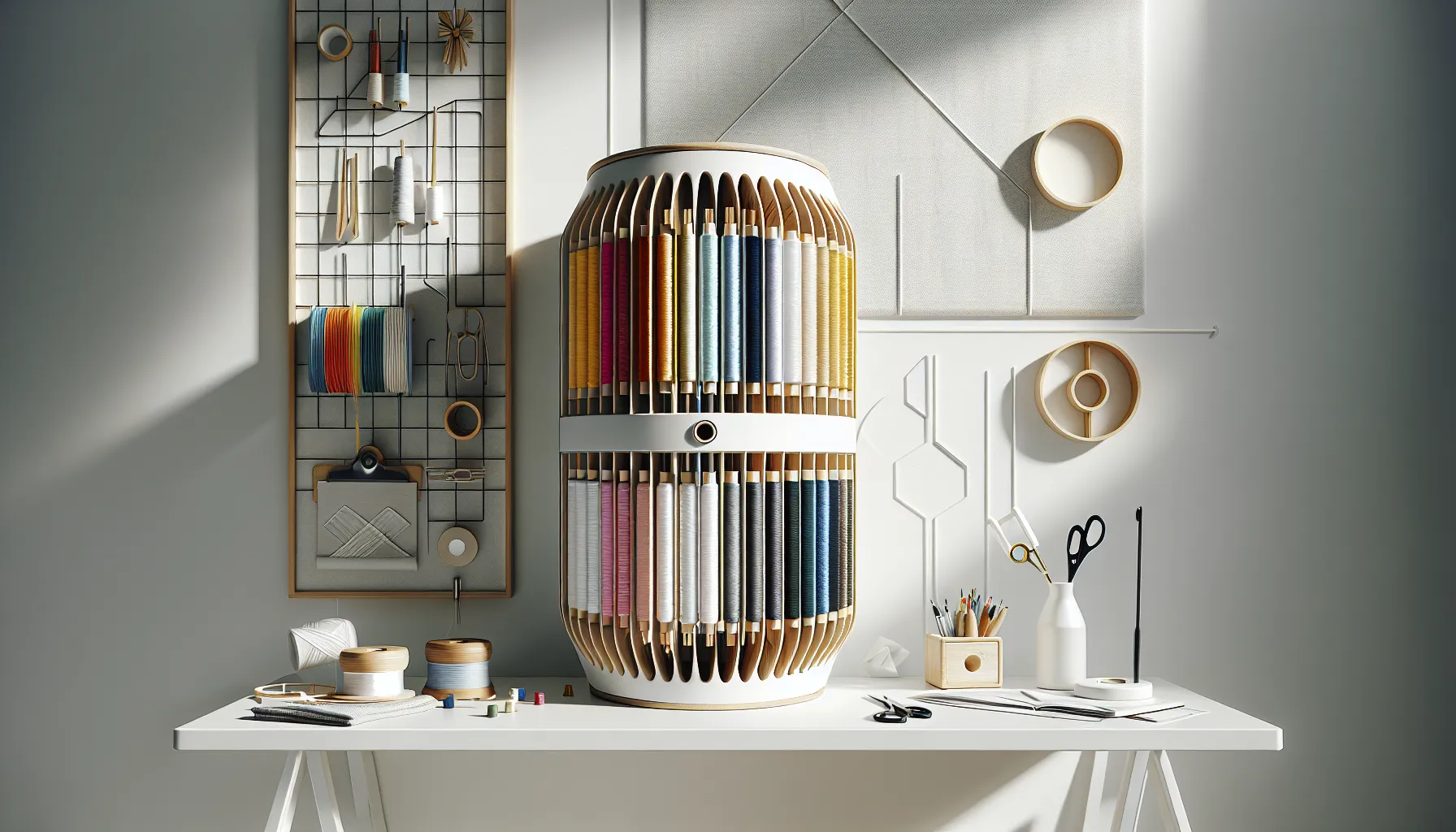 a vertical spool holding organized threads in a modern workspace.