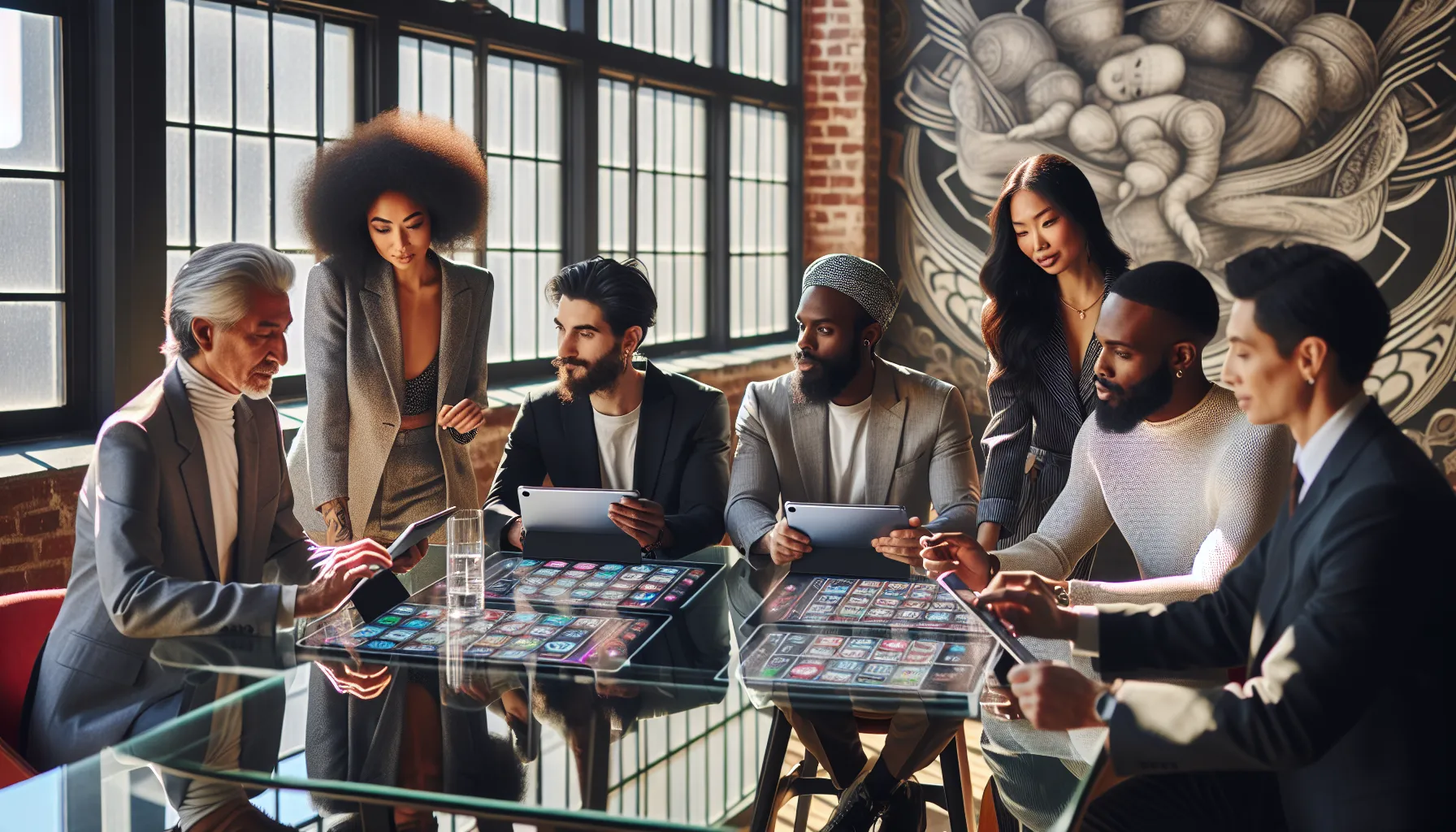 diverse group playing a modern lottery game in a bright conference room.