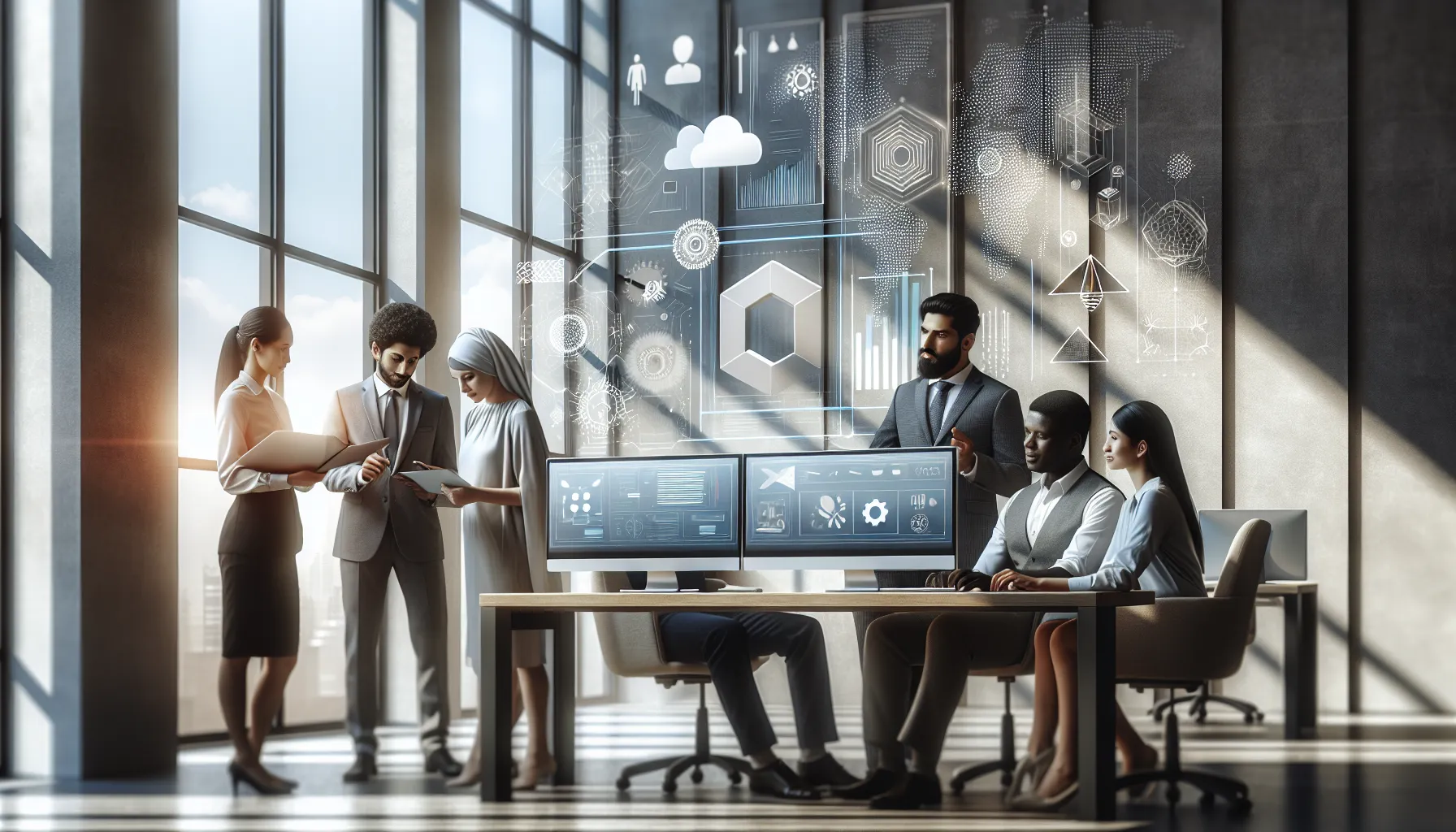 team discussing the software update in a modern office setting.