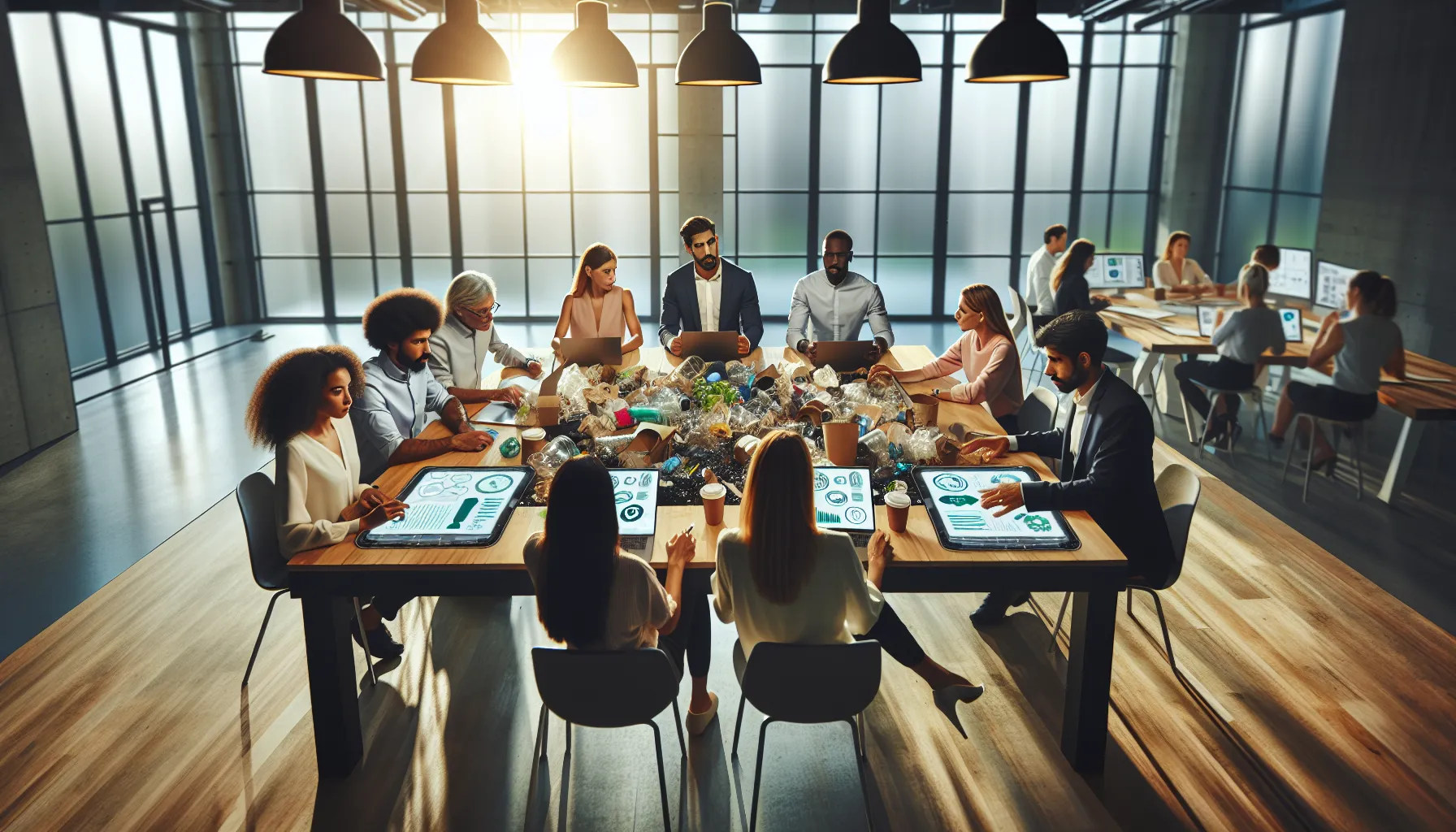 diverse professionals collaborating on sustainable waste management solutions.