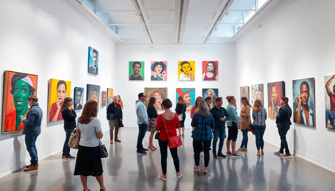 visitors engaging with contemporary paintings in a modern art gallery.