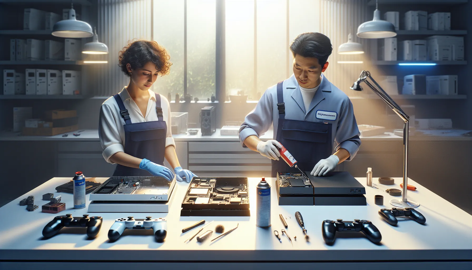 technicians cleaning a PlayStation 4 in a modern service center.