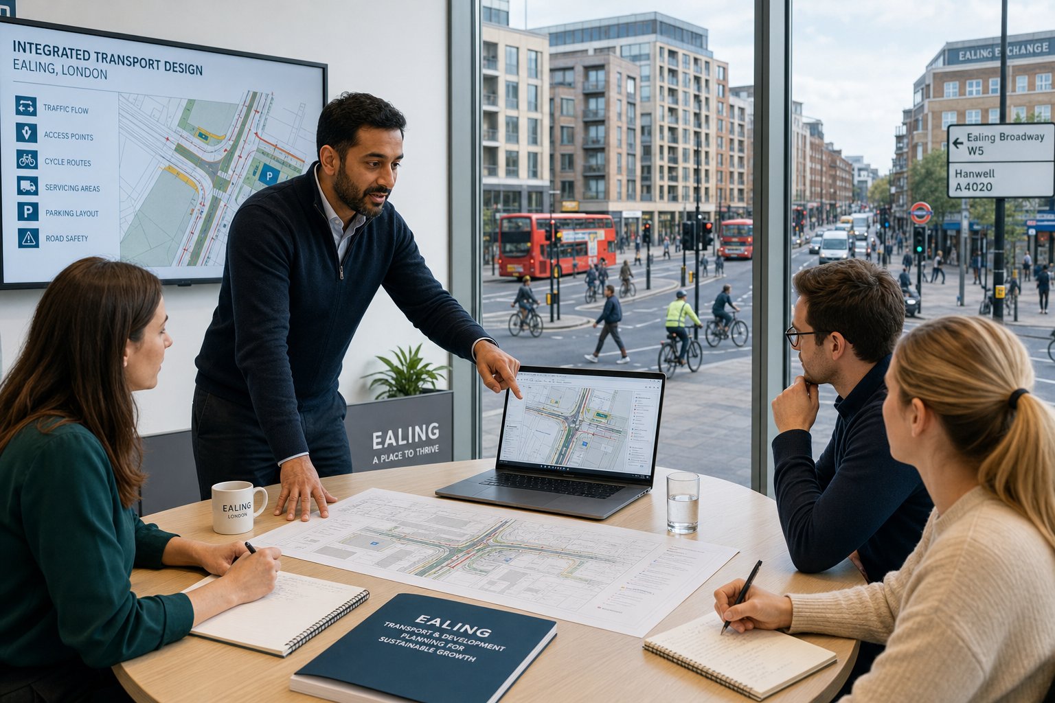 Traffic engineer reviewing Ealing development transport plans in a modern office.