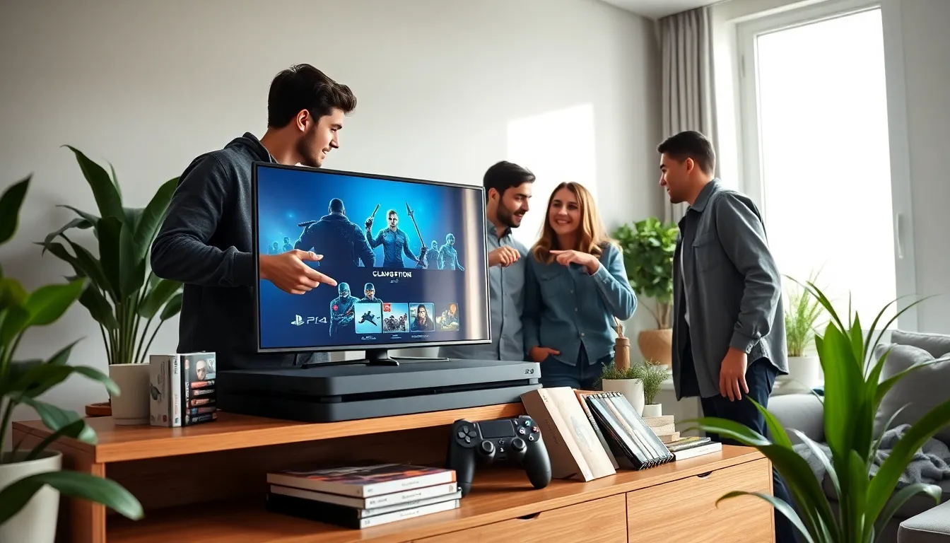 group of friends playing on a used PlayStation 4 in a cozy living room.