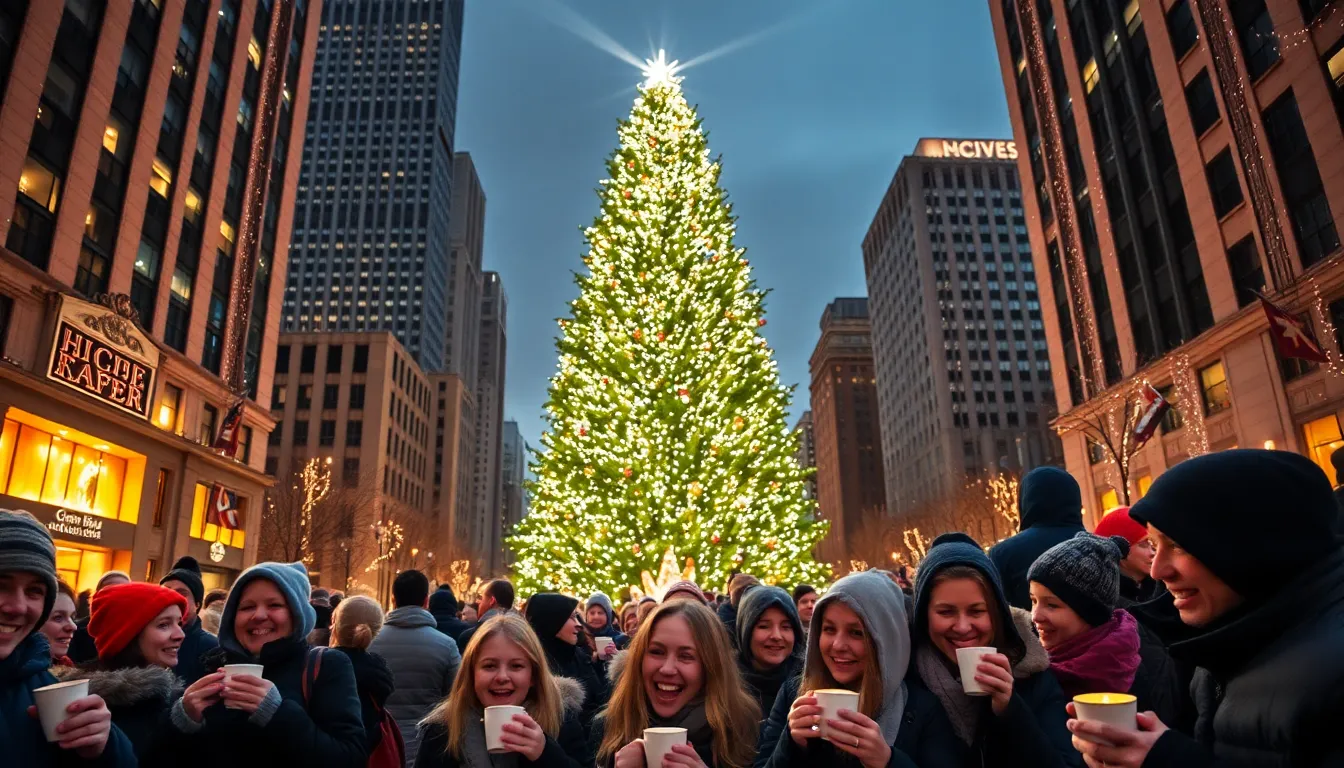 crowd gathered around the illuminated Rockefeller Center tree during the ceremony.