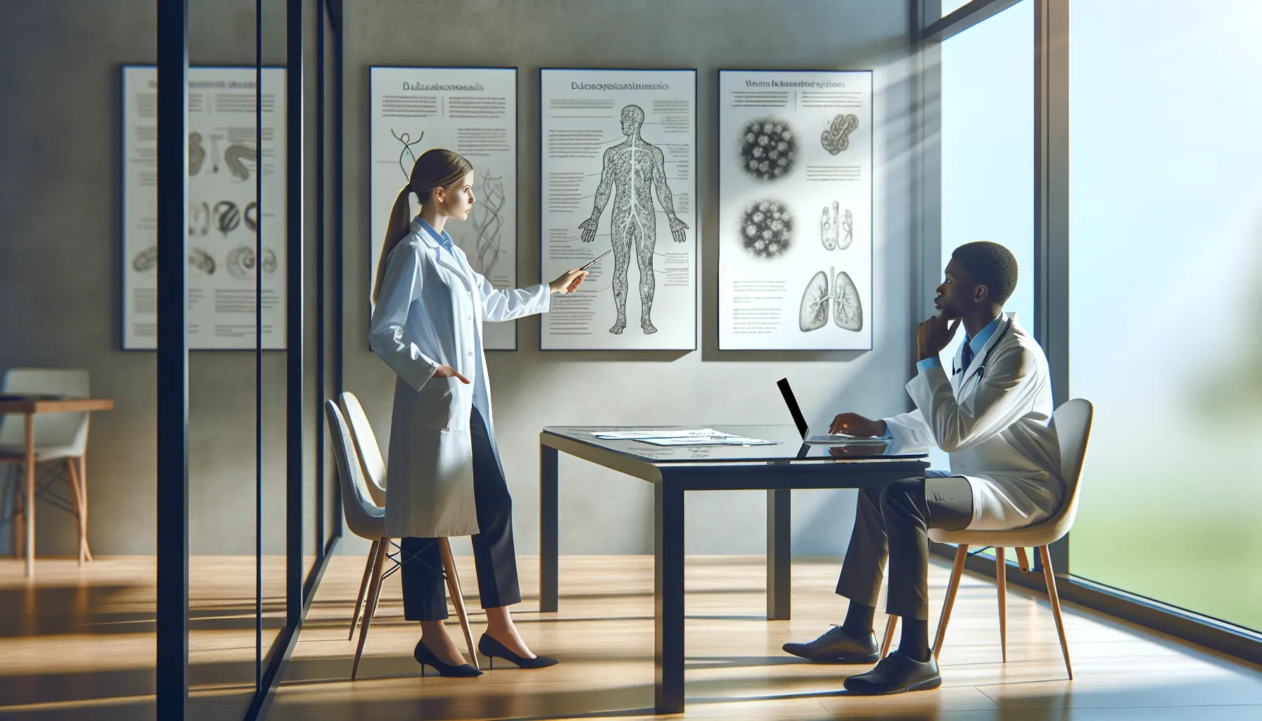 healthcare professionals discussing a rare medical condition in a modern office.