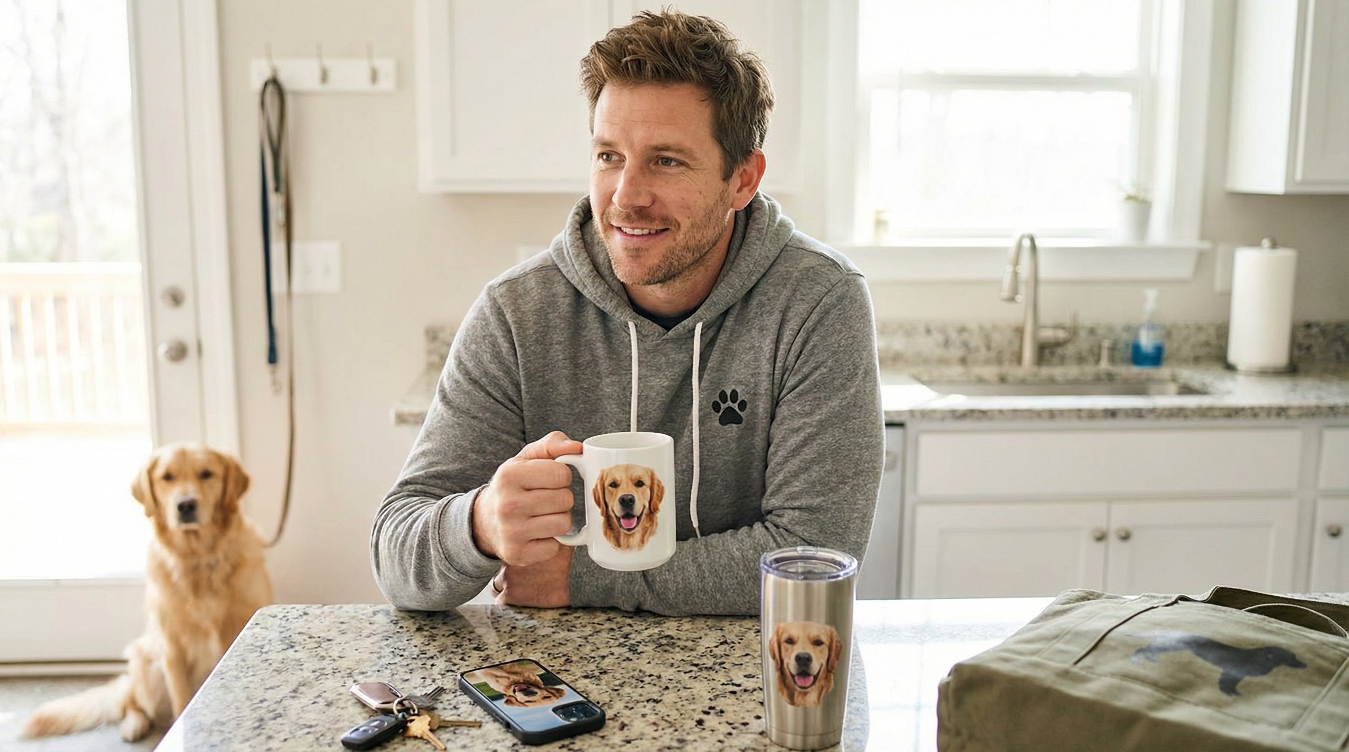 A smiling man holds a custom dog portrait mug in a sunny kitchen.