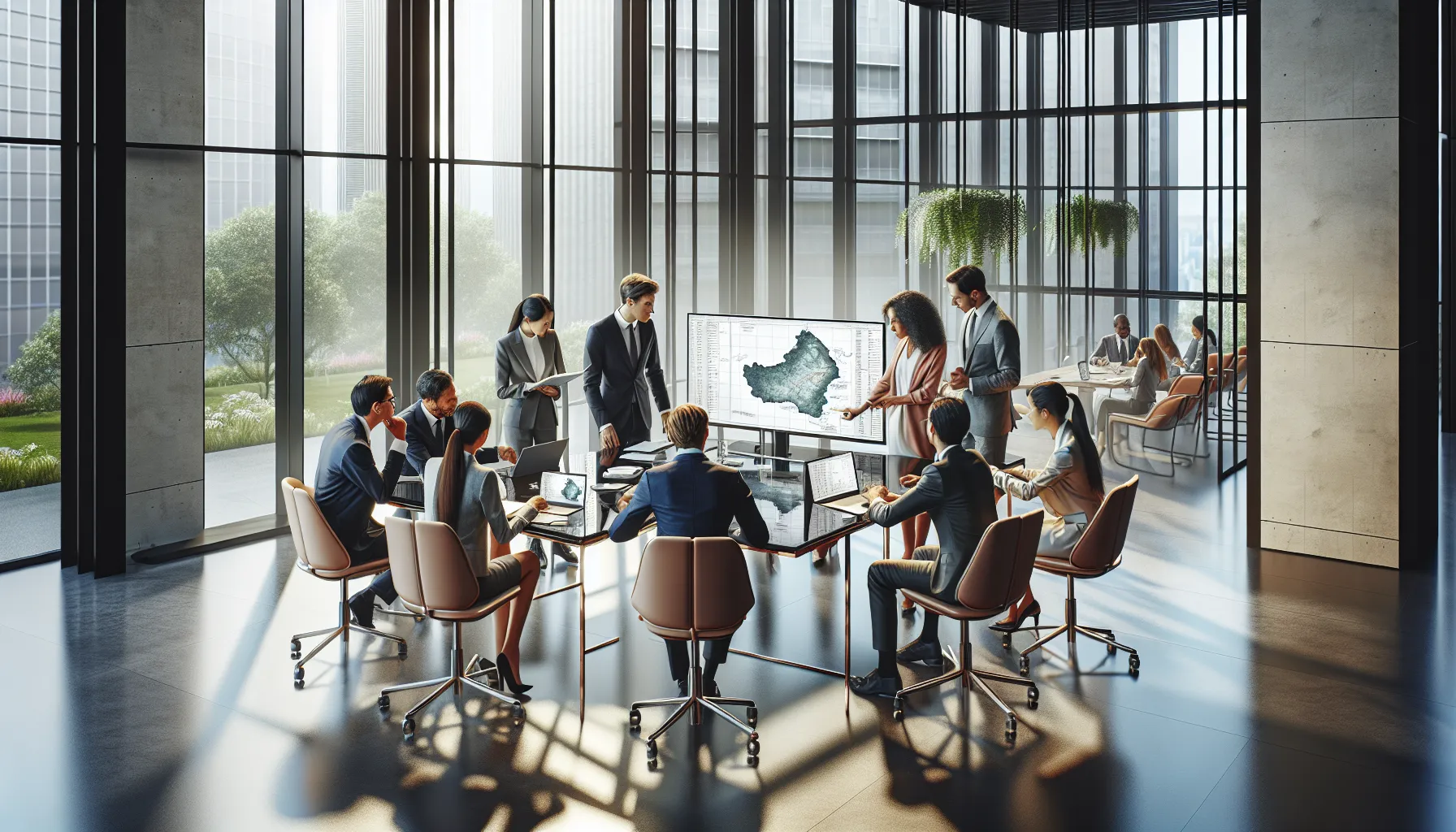 diverse professionals discussing travel options in a modern office.