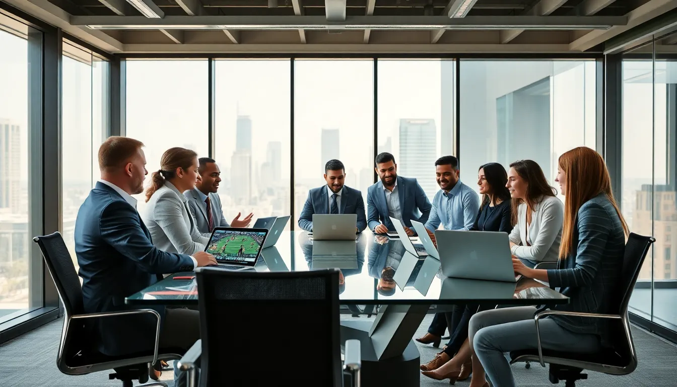 diverse team discussing sports updates in a modern office.