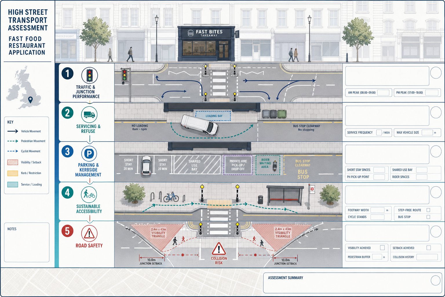 High street infographic showing traffic, loading, parking, access and safety issues.
