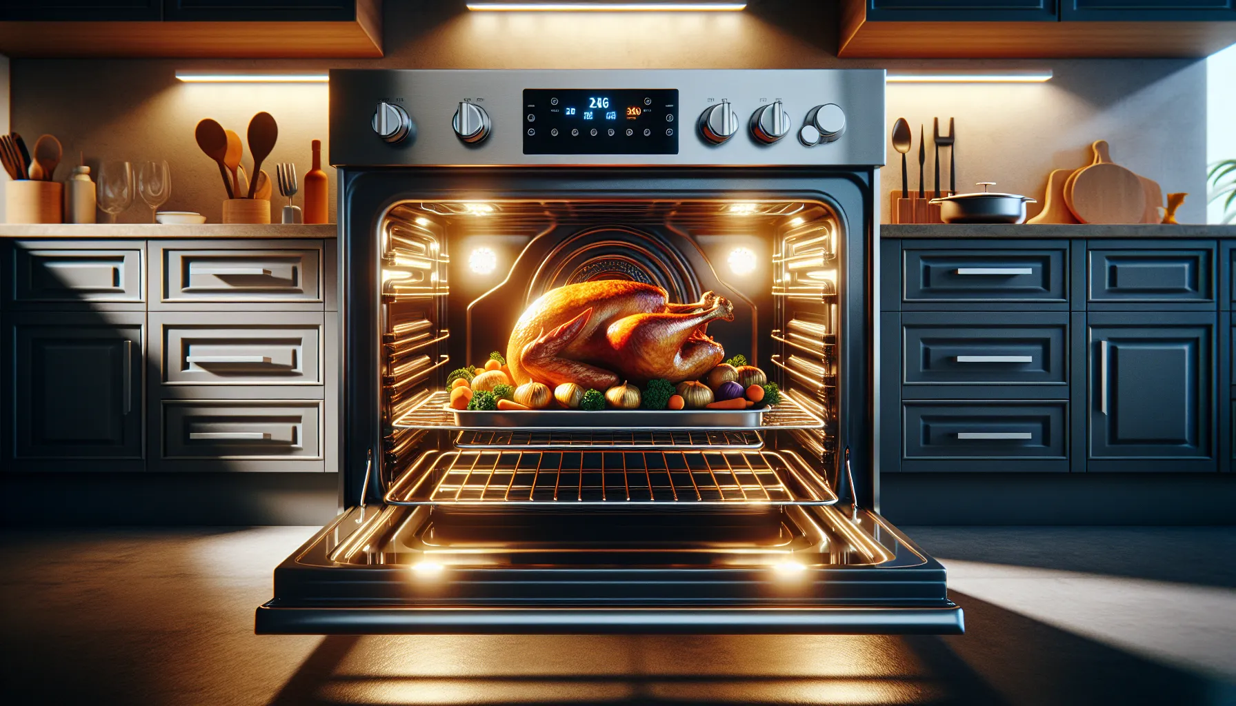 A turkey roasting in a convection oven in a modern kitchen.