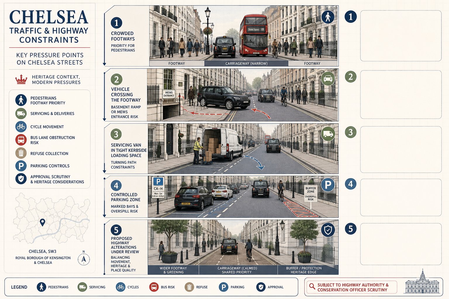 Infographic showing Chelsea street traffic issues, pedestrian priority, servicing, parking, and highway changes.