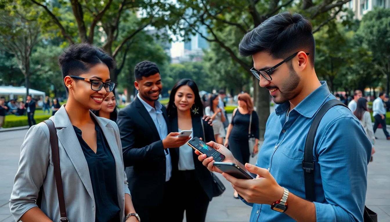 professionals using augmented reality in a park setting.