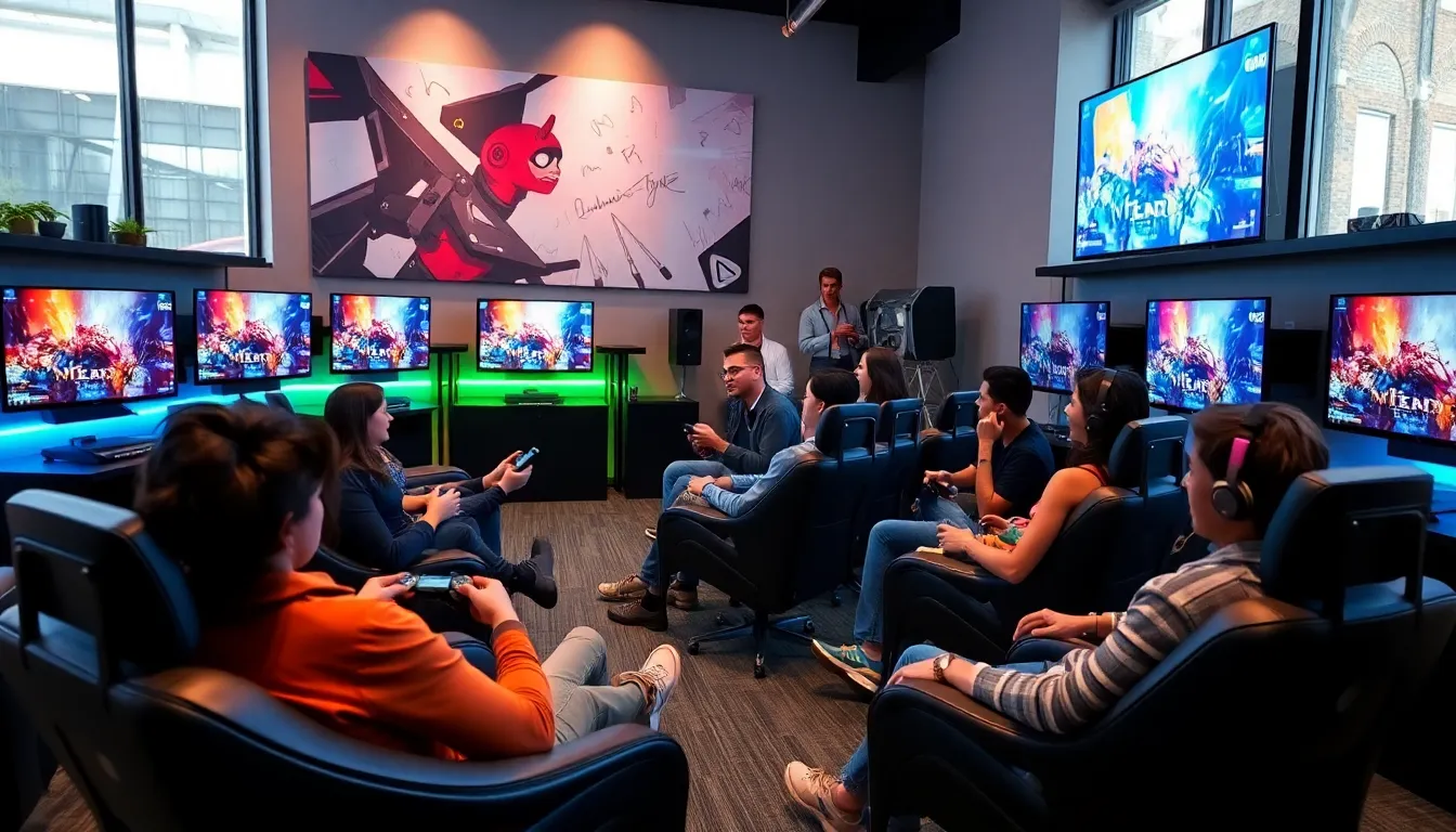 diverse gamers in a modern lounge with consoles and vibrant gameplay.