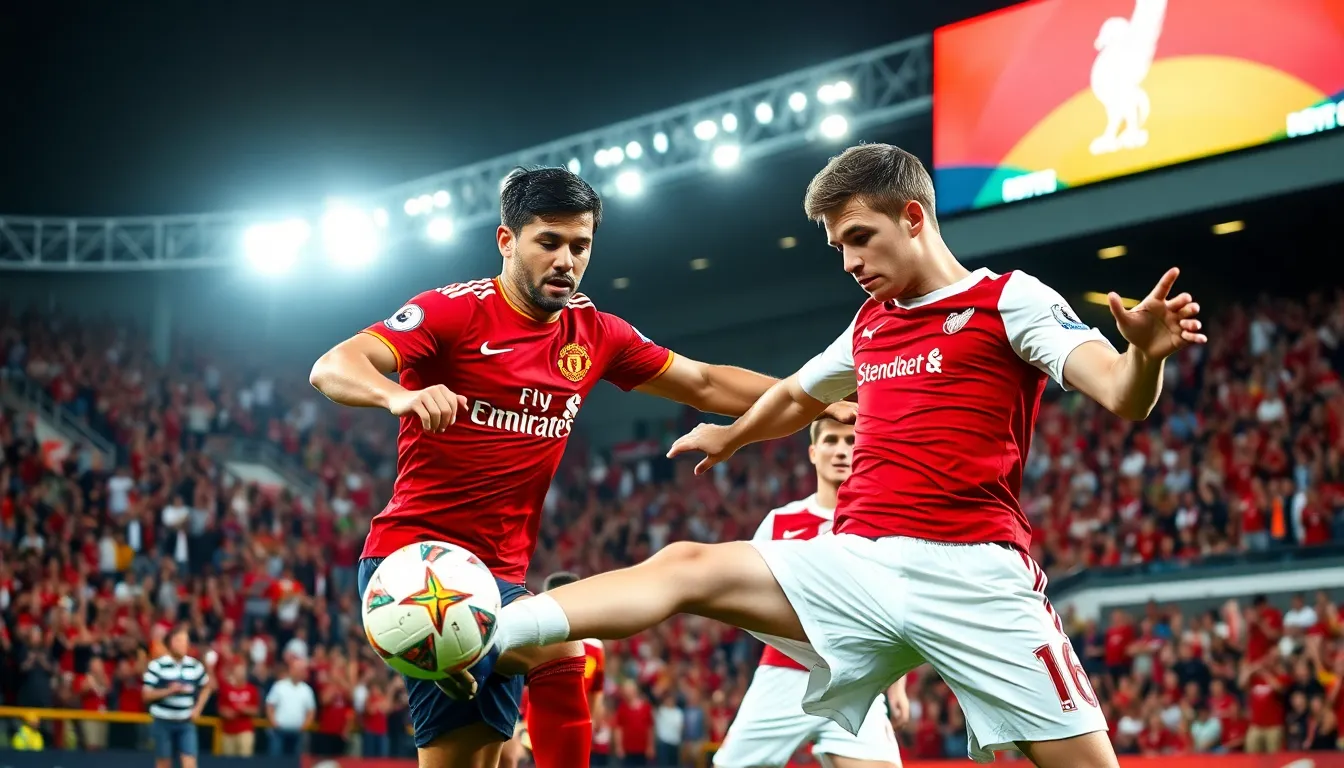 Manchester United vs. Liverpool football match featuring intense player rivalry.