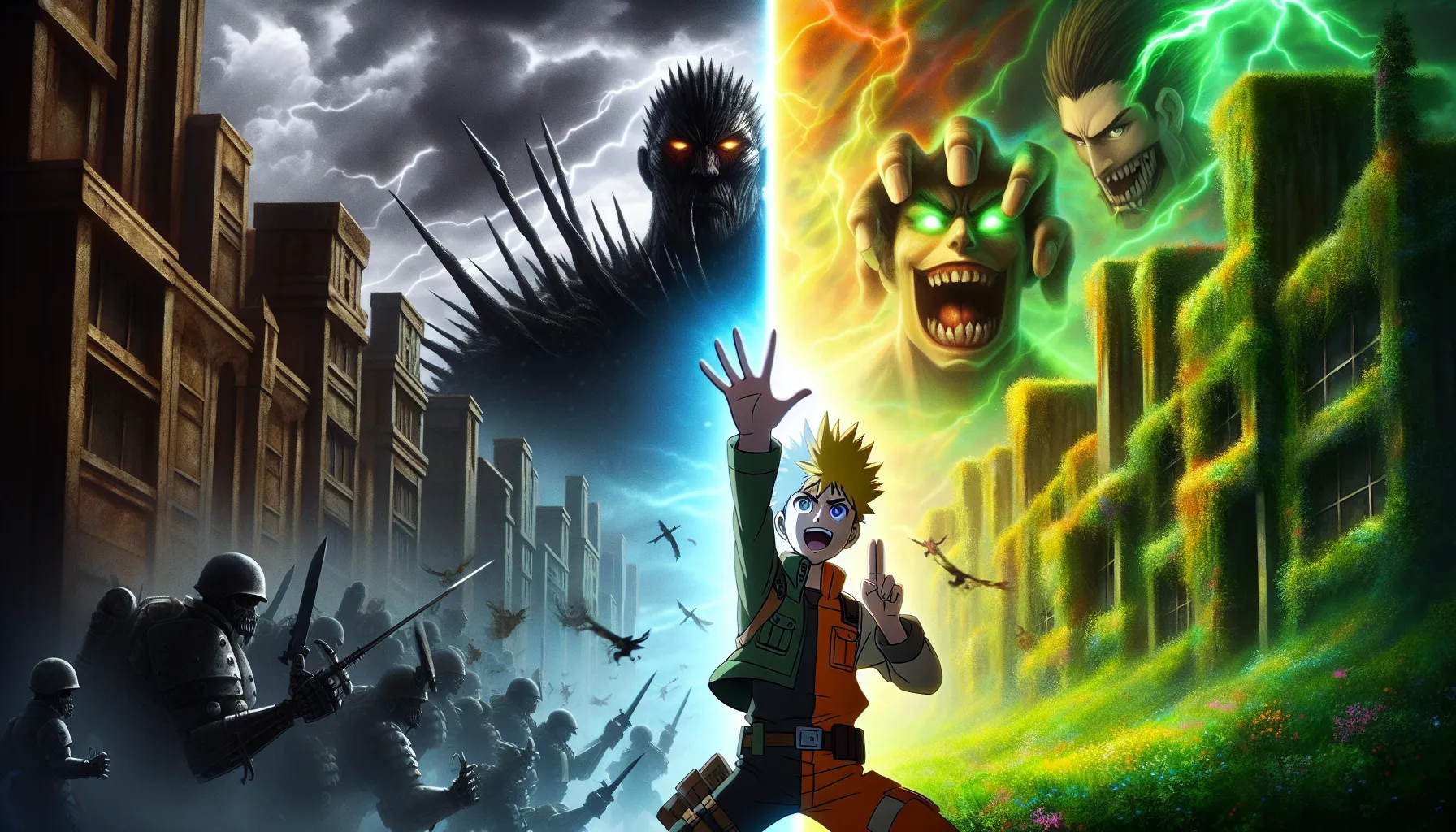 A split scene showing characters from Attack on Titan and Naruto.