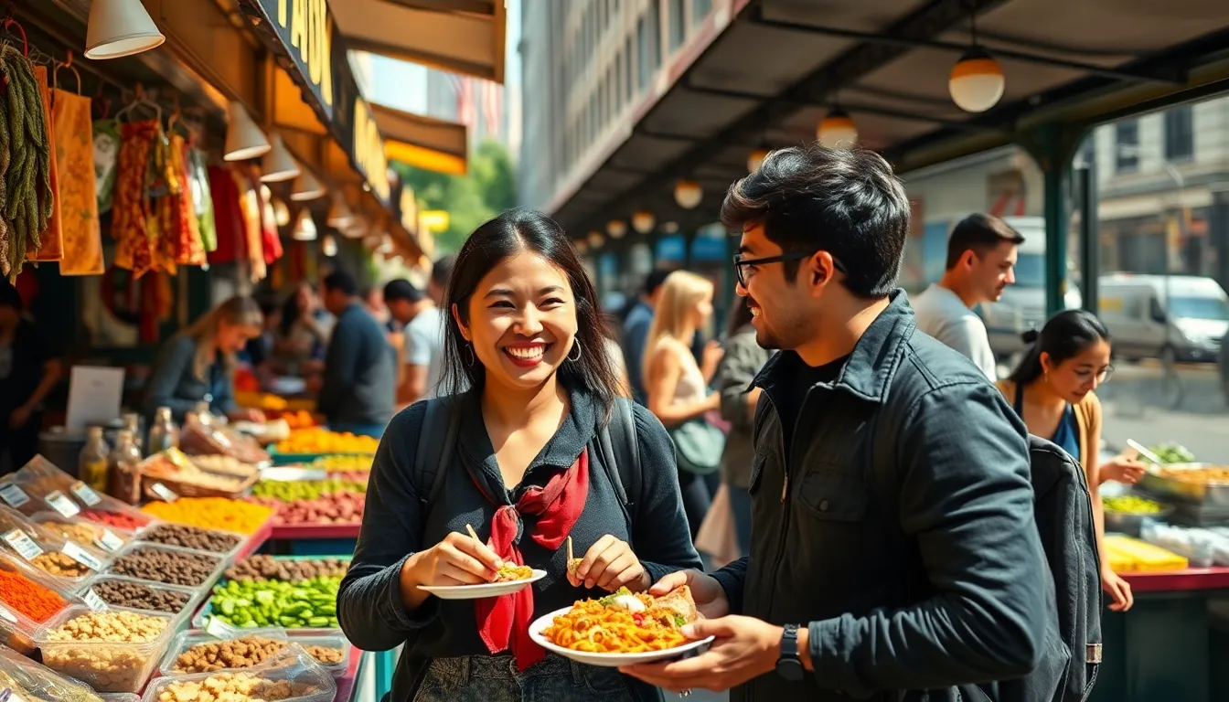 diverse group enjoying outdoor food market experience.