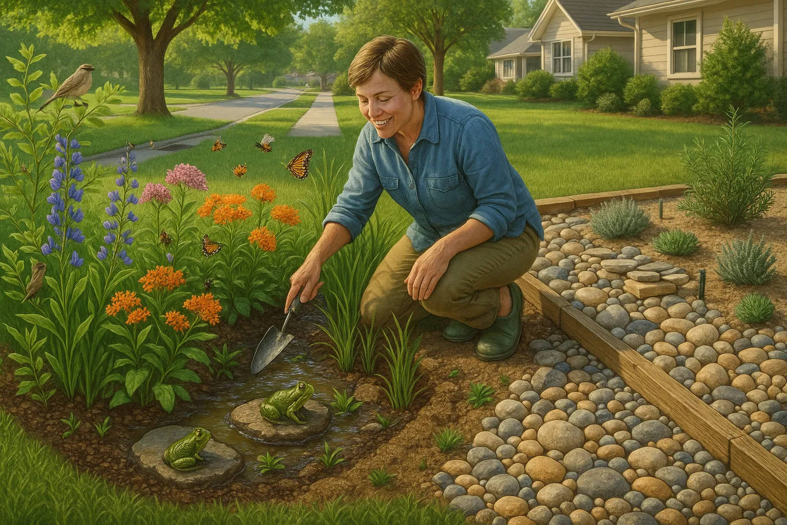 Homeowner tending a lush rain garden beside a drier rock garden in a yard.