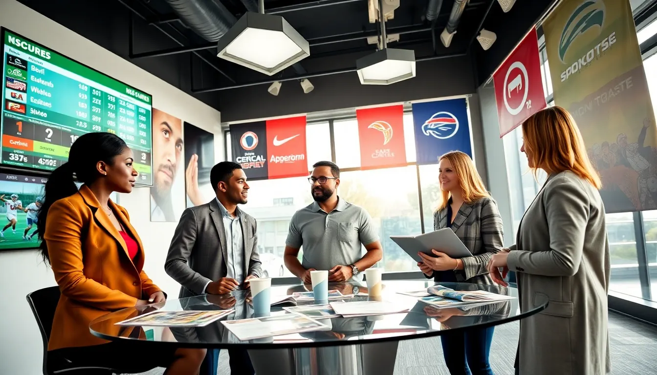 journalists collaborating in a bright sports newsroom with live scores on display.