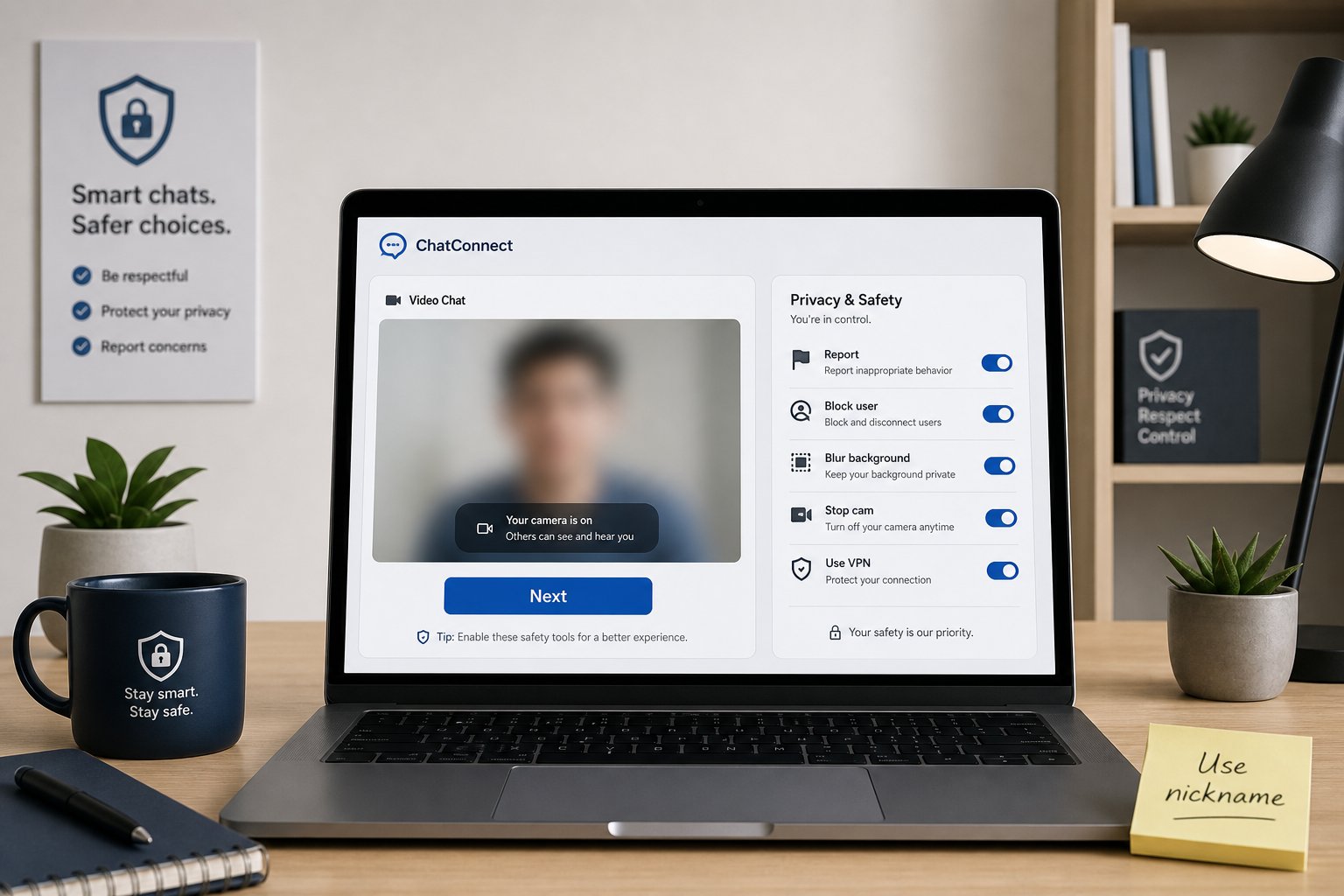 Laptop showing blurred video chat and privacy checklist with report and block controls.
