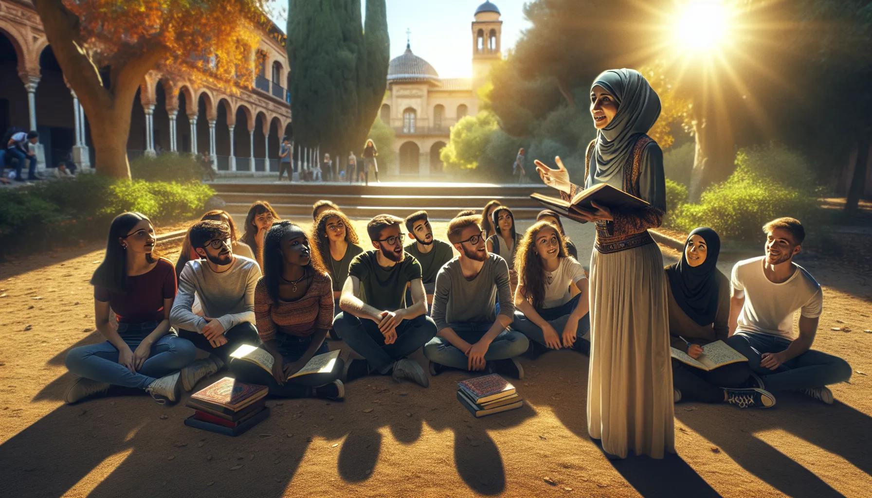 A group of people learning in a park, symbolizing education overcoming ignorance.
