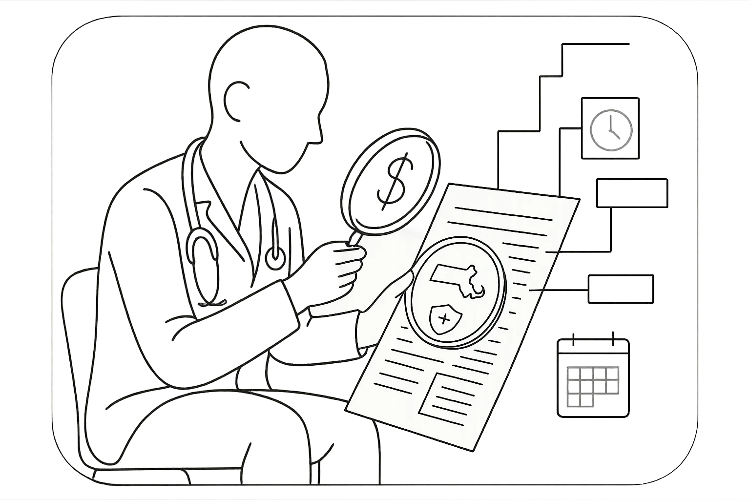 PA examining a contract with magnified icons for pay, Massachusetts map, and insurance of Massachusetts Physician Assistant Contract Review.