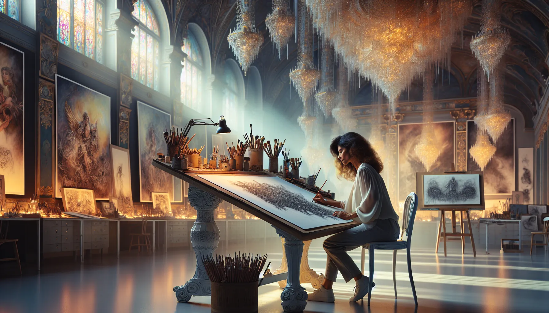 artist sketching outlines in a bright modern studio.