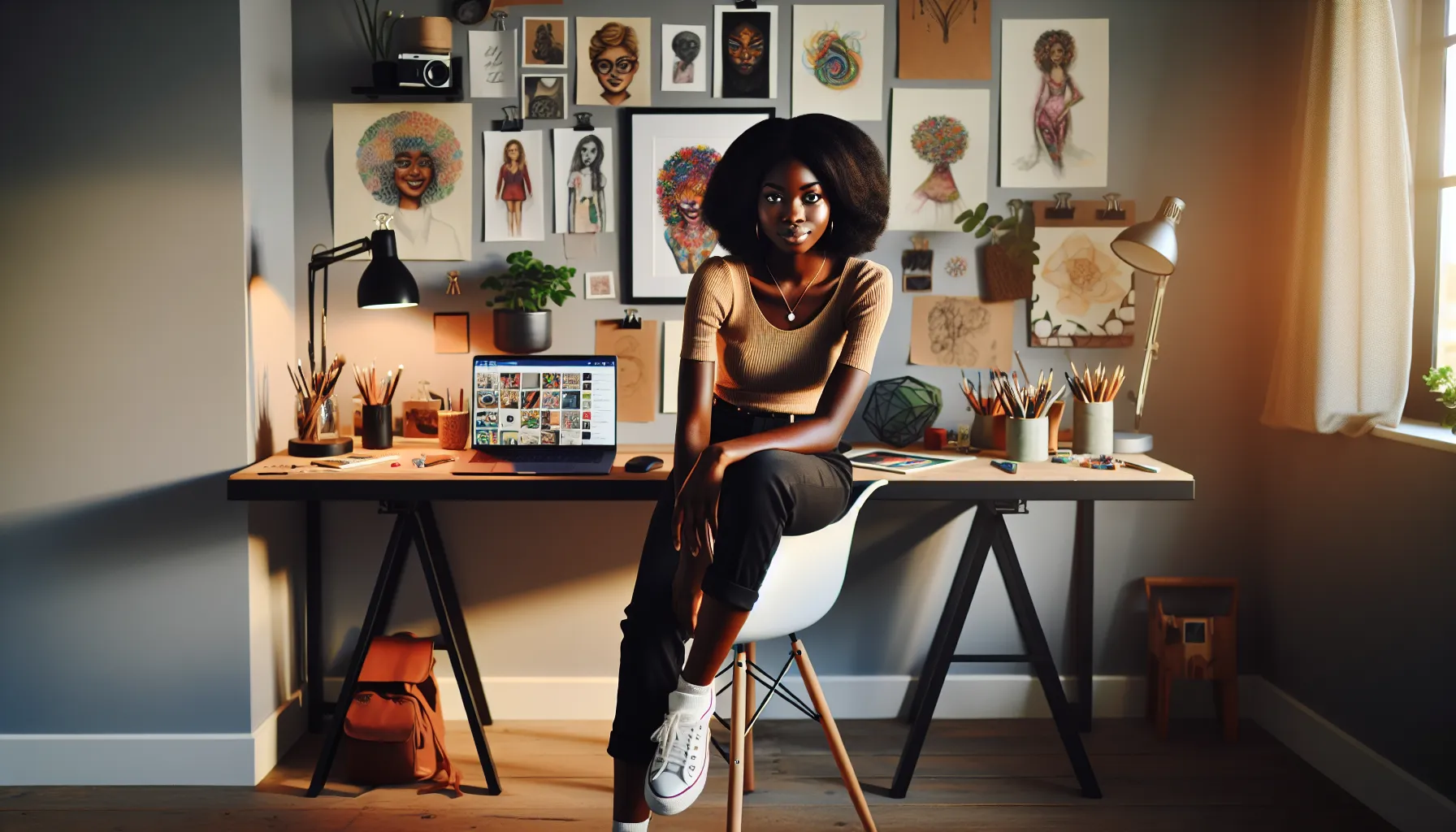 young creator in a modern office, engaged in artistic work.