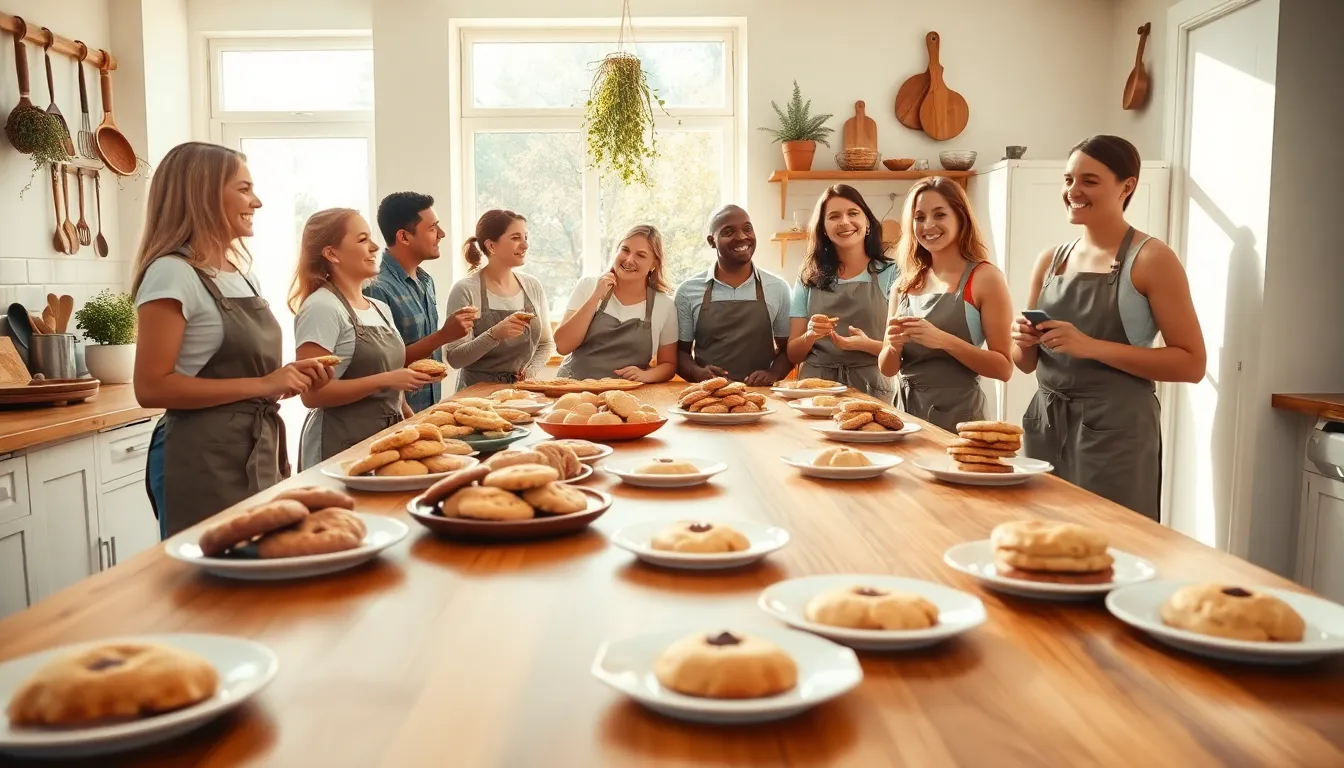 diverse group enjoying freshly baked cookies in a cozy kitchen setting.