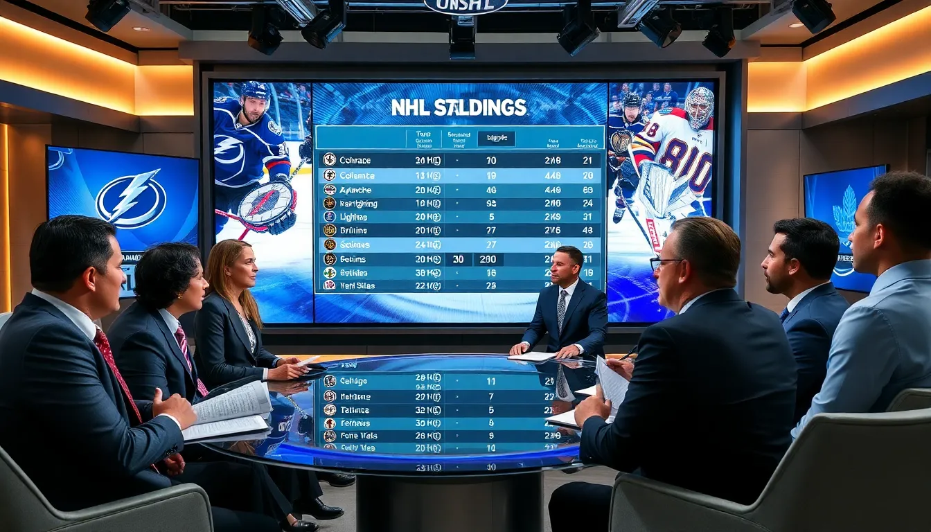 sports professionals analyzing NHL standings in a modern newsroom.