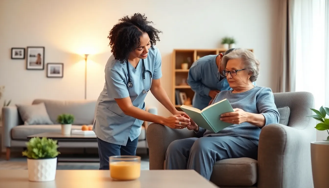 caregiver assisting elderly woman in a cozy home environment.
