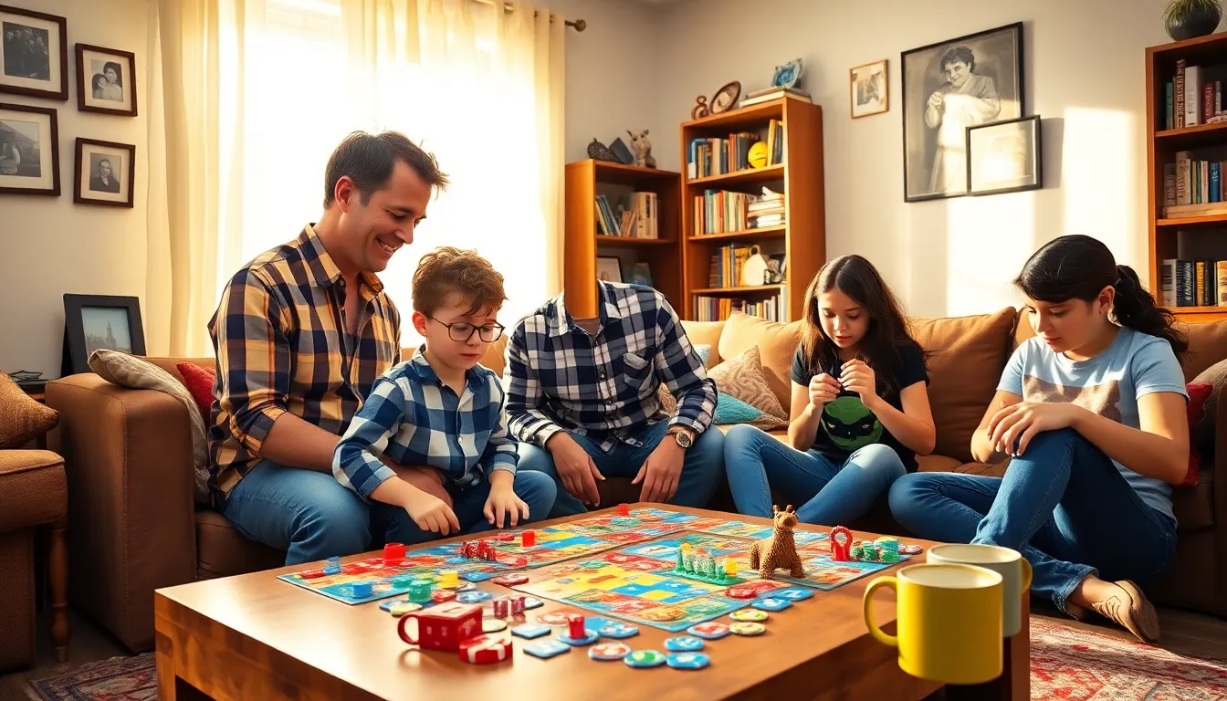A family enjoying interactive games together in a cozy living room.