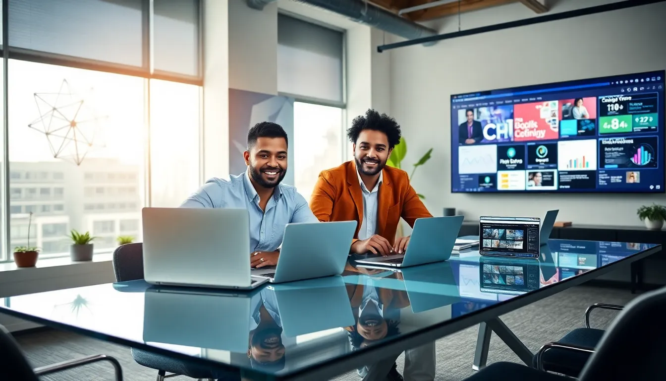 diverse professionals collaborating on web development in a modern office.