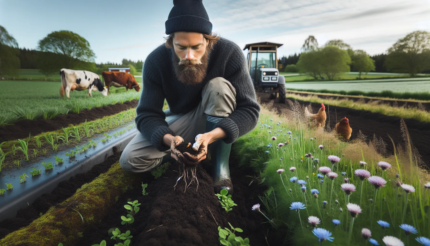 Norwegian organic farmer studies rich soil as cows and hens roam outside.