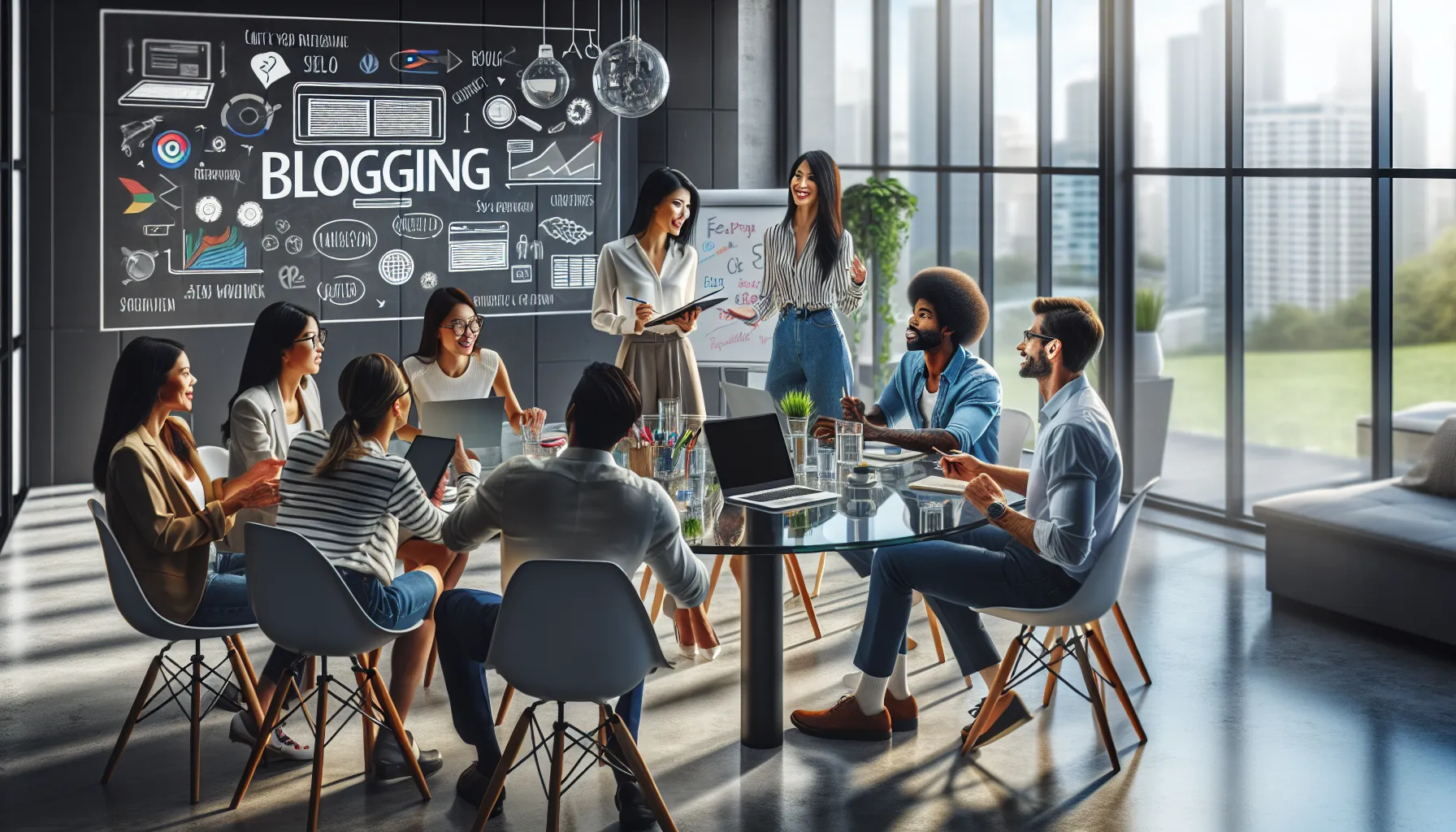 diverse team brainstorming about blogging in a modern office