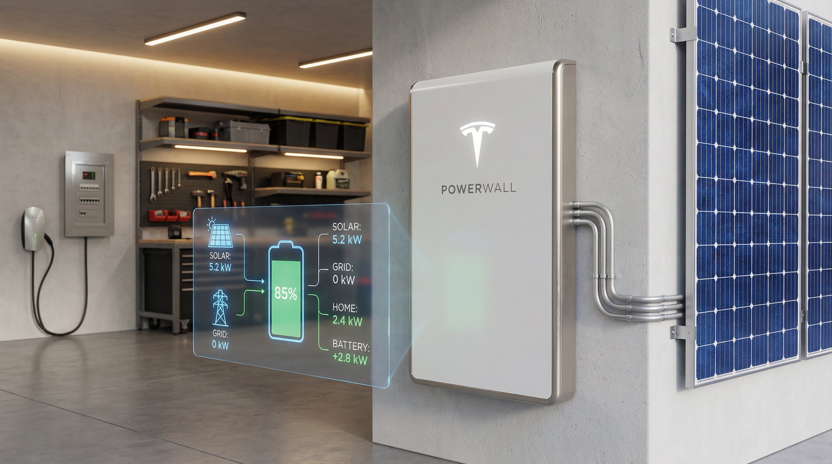 3D render of Tesla Powerwall 3 battery system mounted in modern garage with integrated solar panels.