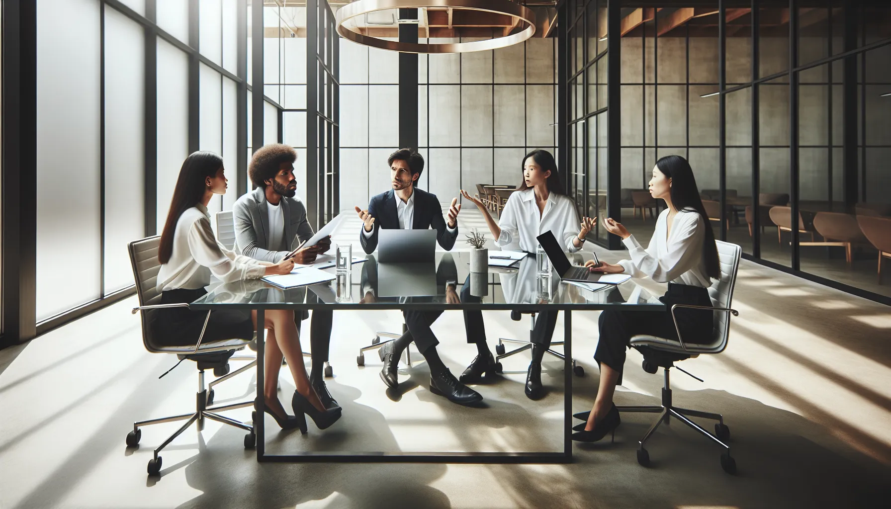 diverse professionals in discussion at a modern workspace.