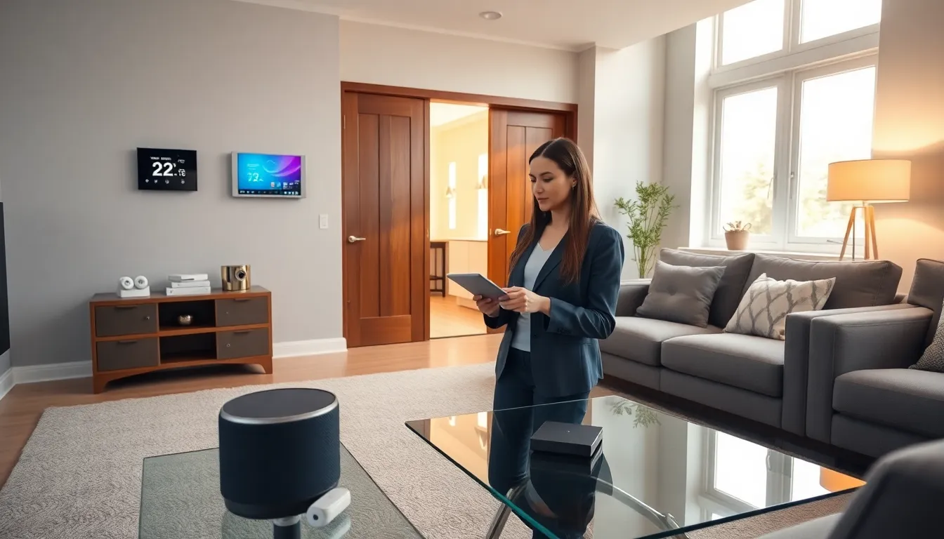 woman using a tablet to manage home automation devices in a modern living room.